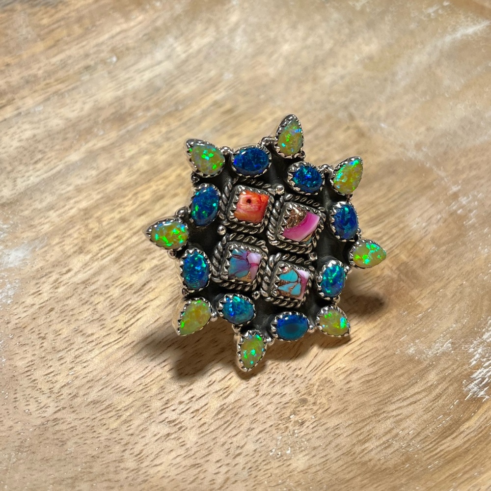 NWOT Handmade Sterling Silver Spiny Oyster & Opal Cluster Adjustable Ring